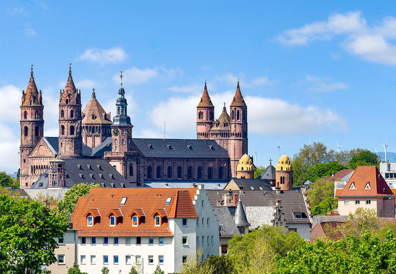 Blick auf den Wormser Dom St. Peter, einen der bedeutendsten romanischen Kaiserdome Deutschlands, mit der Altstadt von Worms im Vordergrund.